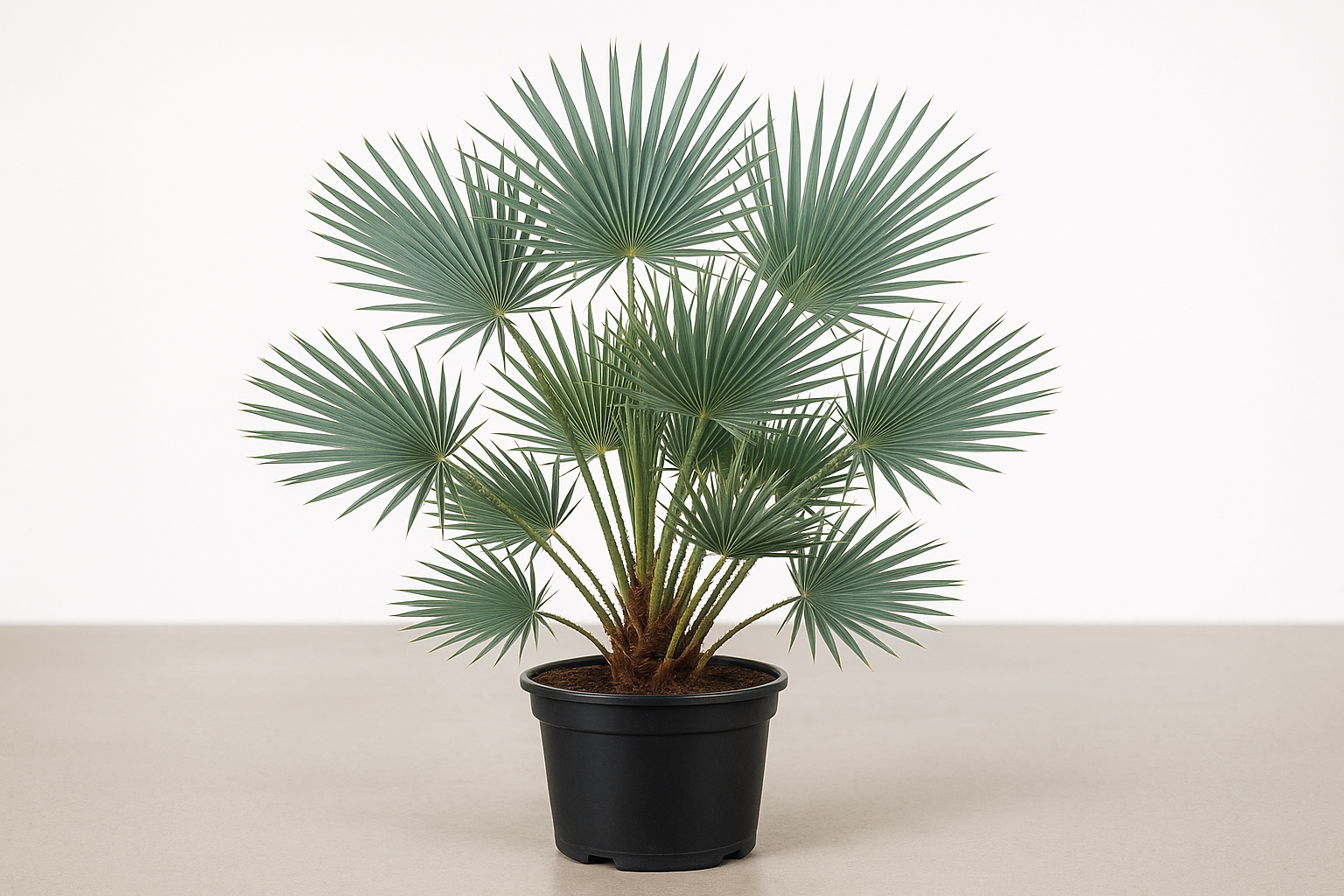 orientiere dich bei der bilderstellung bei baumschule-horstmann.de und erstelle als produktbild ein realistisches dslr foto von folgender Pflanze: chamaerops humilis